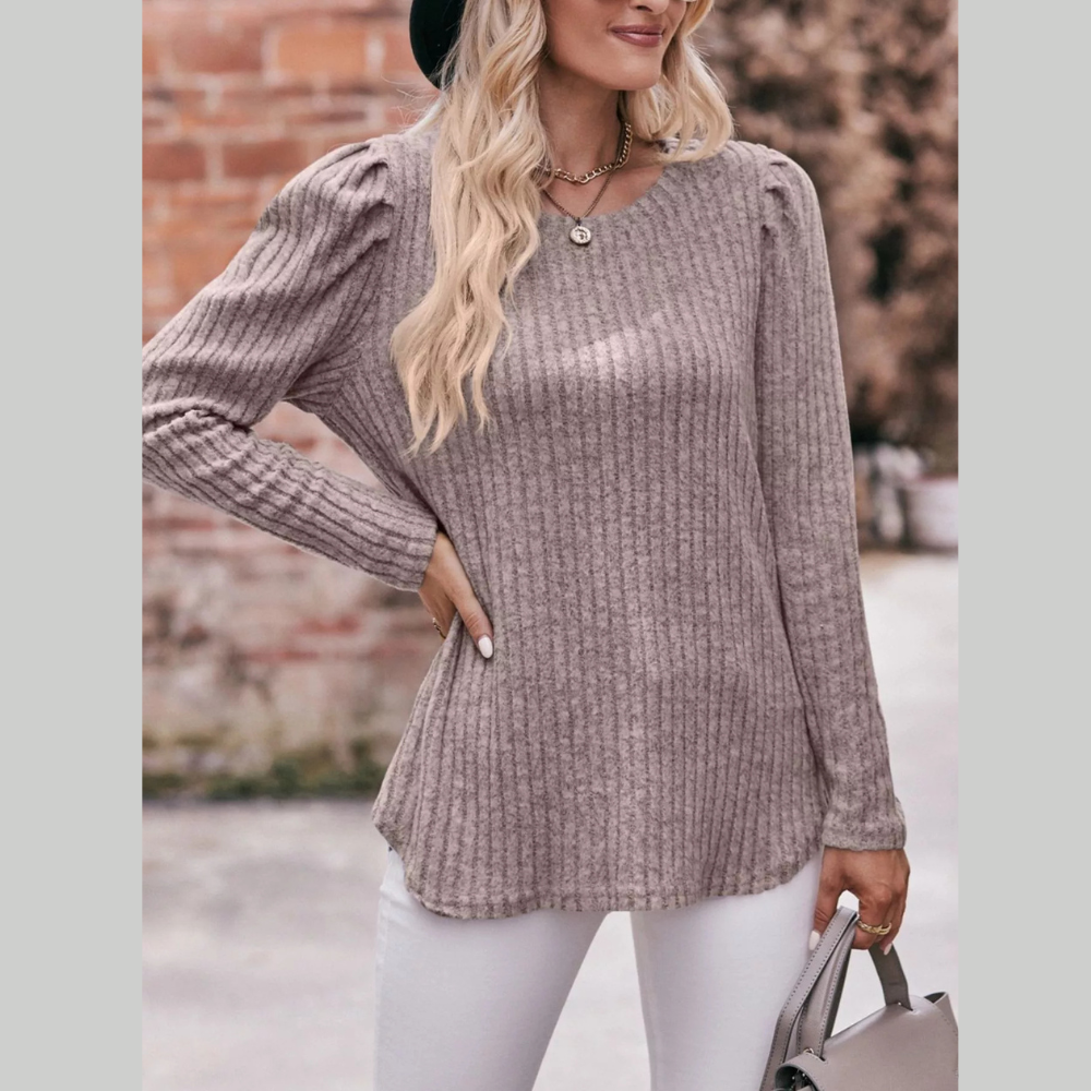 Ribbed Knit Puff Sleeve T-Shirt