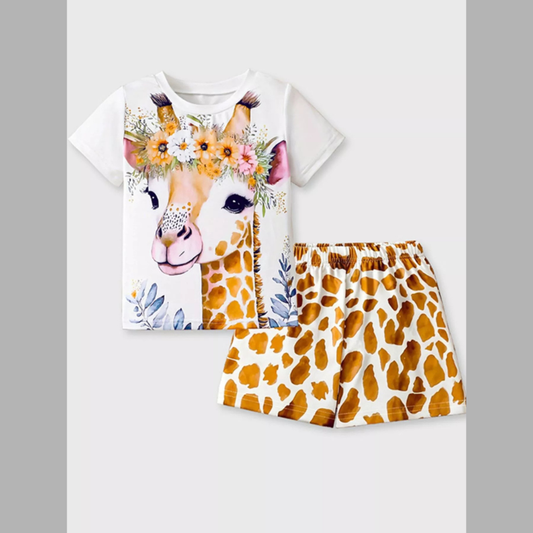 Children's Giraffe Floral Crown Print Tee and Shorts Pajama Set