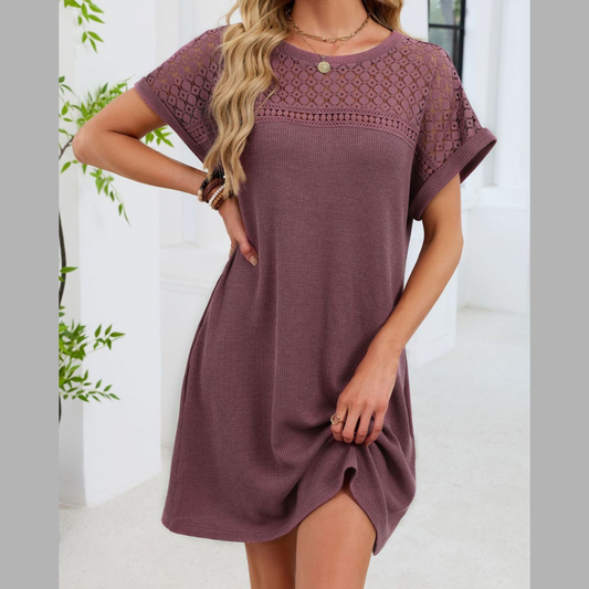 Lace Round Neck Short Sleeve T-Shirt Dress
