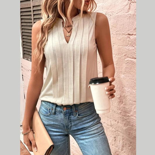 Sleeveless Pleated Notched Tank
