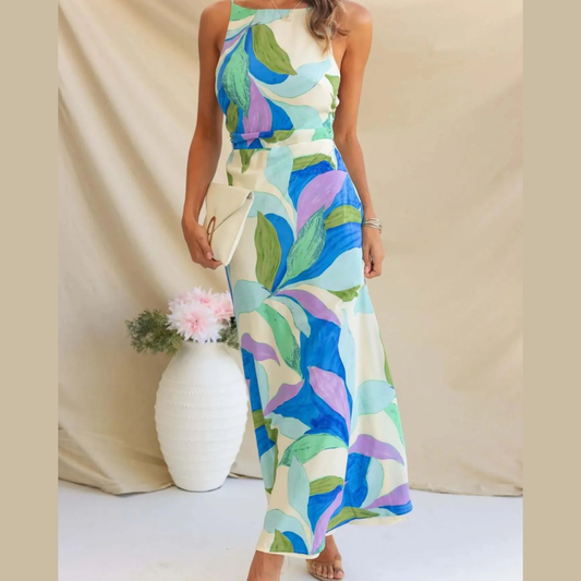 Printed Backless Sleeveless Maxi Dress