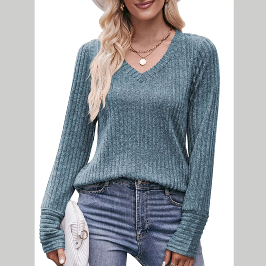 V-Neck Ribbed Knit Long Sleeve T-Shirt