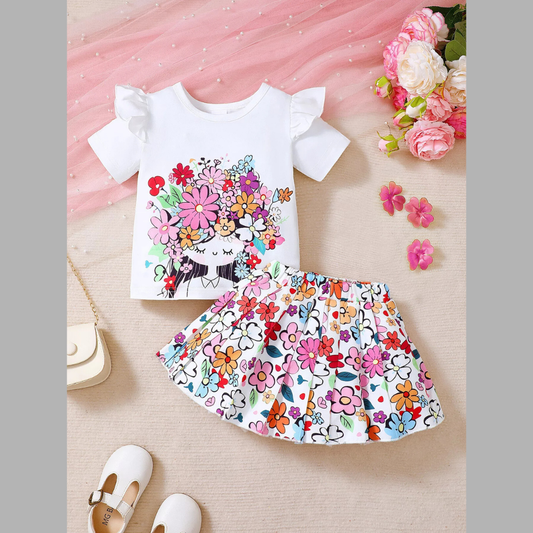 Children's Floral Graphic Ruffle Sleeve Top & Skirt Set