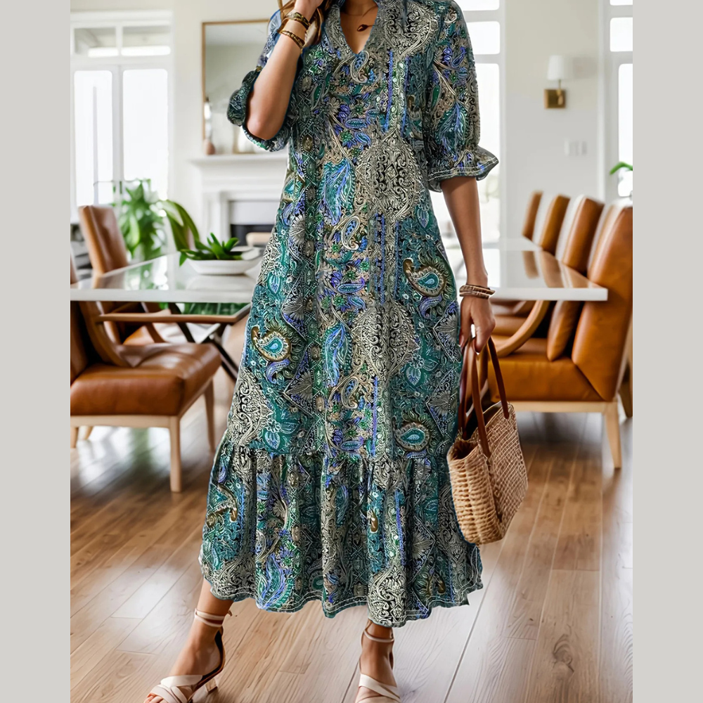 Full Size Bohemian Paisley Print Ruffle Hem Midi Dress Plus Size