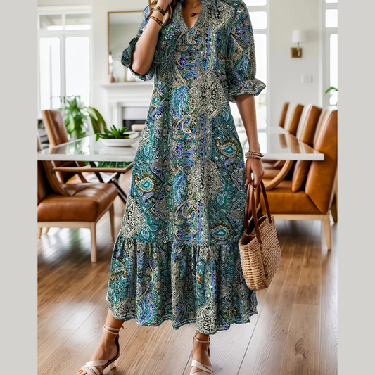 Full Size Bohemian Paisley Print Ruffle Hem Midi Dress Plus Size