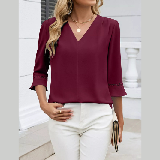 Relaxed Fit V-Neck Three-Quarter Sleeve Blouse