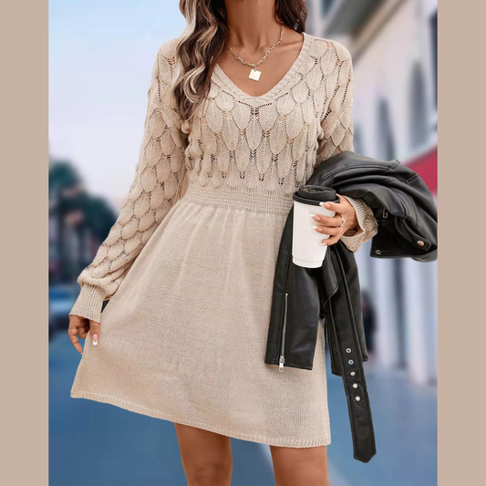 V-Neck Long Sleeve Sweater Dress