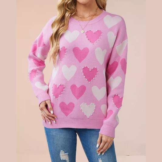 Heart Pattern Beaded Round Neck Sweater