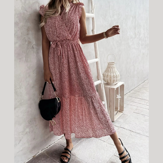 Ruffled Surplice Printed Cap Sleeve Dress