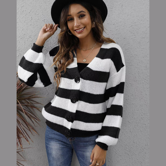 Striped Button-Up Long Sleeve Cardigan
