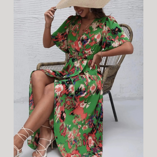 Printed Surplice Short Sleeve Maxi Dress