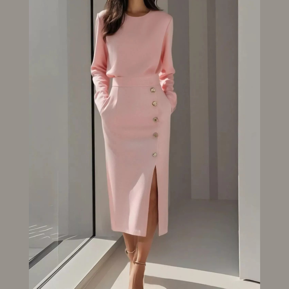 Long Sleeve Button Detail Midi Dress with Side Slit