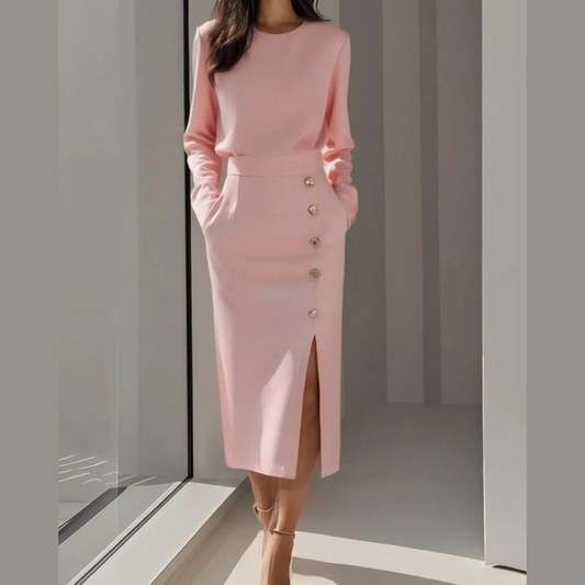 Long Sleeve Button Detail Midi Dress with Side Slit