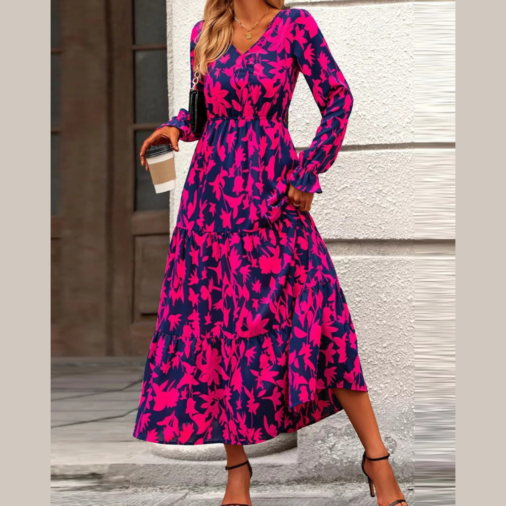Printed V-Neck Flounce Sleeve Tiered Midi Dress