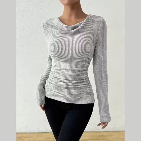 Cowl Neck Long Sleeve Ribbed Top
