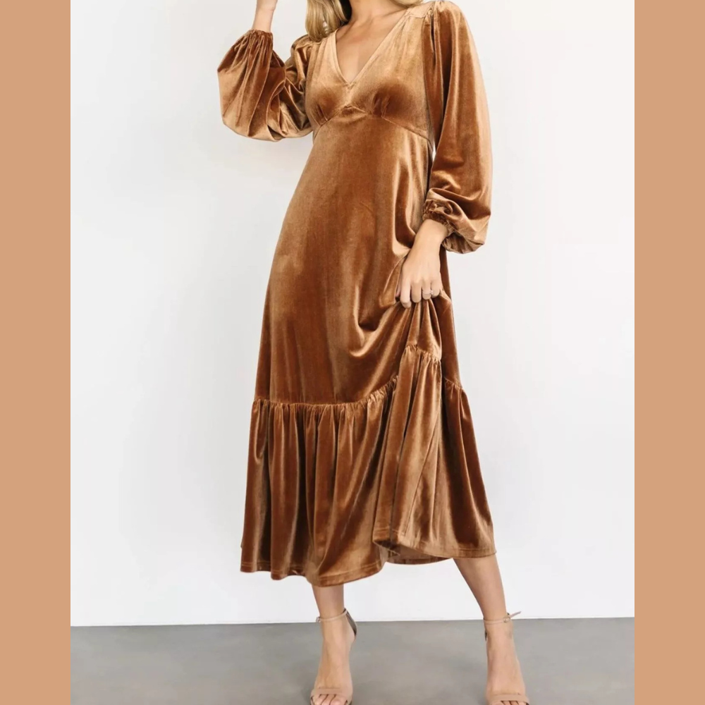Velvet Tiered Long Sleeve Midi Dress