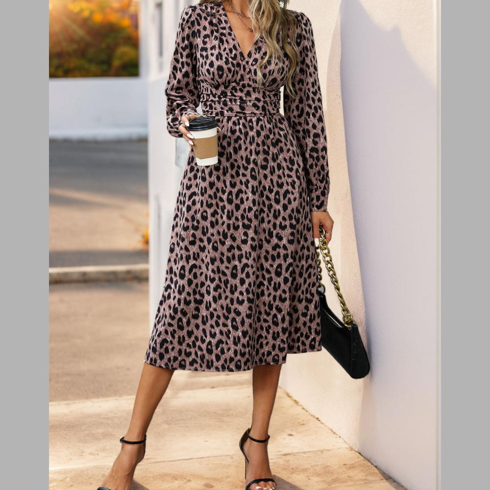 Perfee Leopard Surplice Long Sleeve Midi Dress