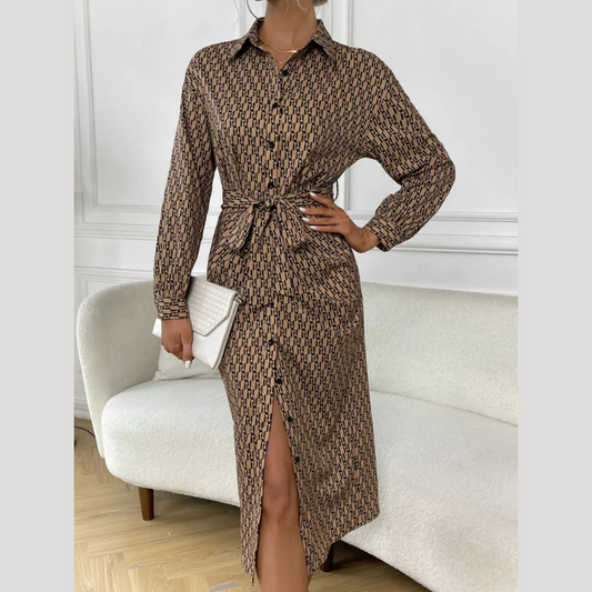 Printed Tie Waist Long Sleeve Midi Shirt Dress