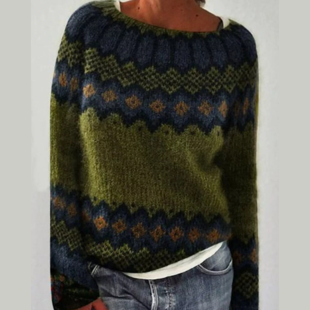 Full Size Retro Pattern Round Neck Knit Sweater Plus Size