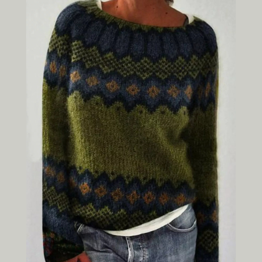 Full Size Retro Pattern Round Neck Knit Sweater Plus Size