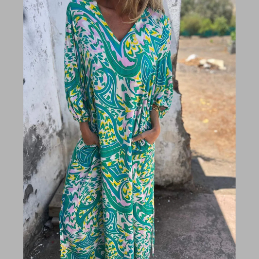 Full Size Printed V-Neck Dress with Pockets Plus Size