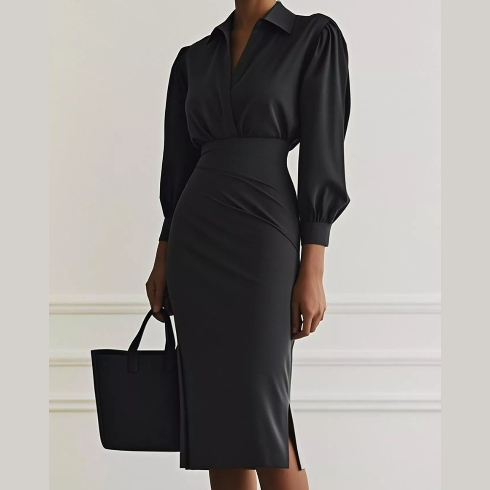 Ruched Midi Shirt Dress with Side Slit