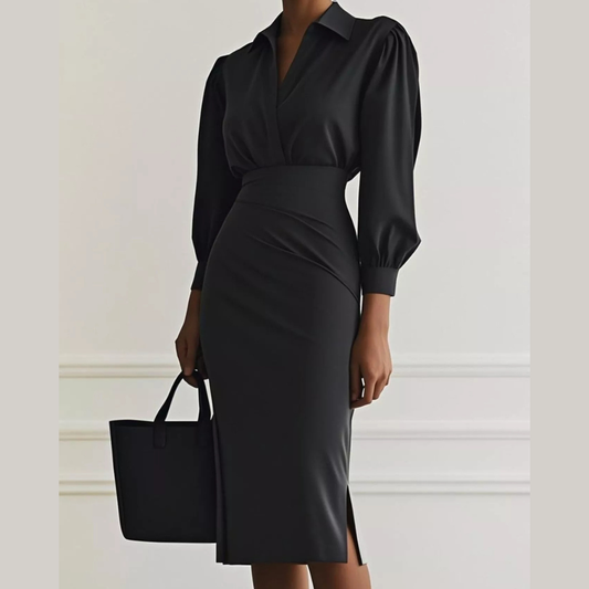 Ruched Midi Shirt Dress with Side Slit