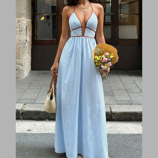 Striped Halter Neck Maxi Dress