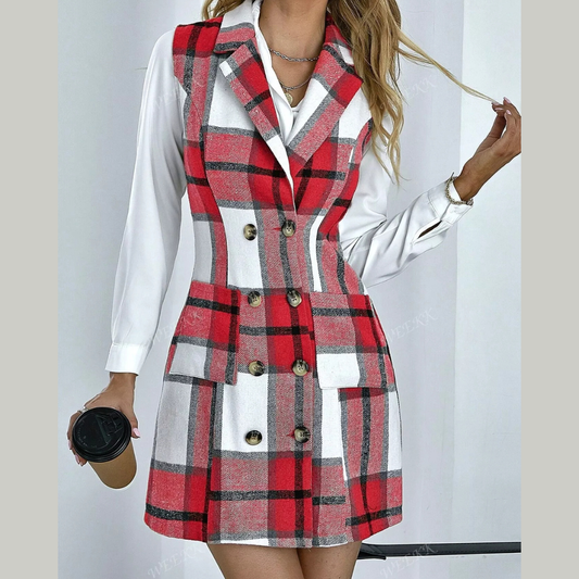 Plaid Double-Breasted Sleeveless Blazer Dress