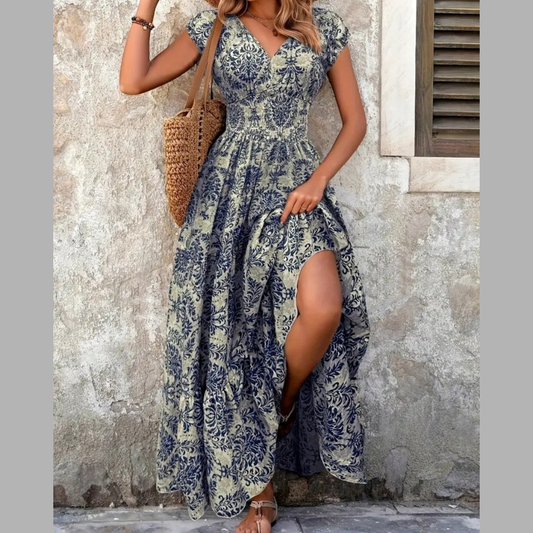 Printed Cap Sleeve Maxi Dress