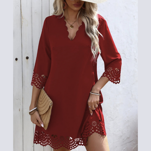Cutout V-Neck Three-Quarter Sleeve Mini Dress