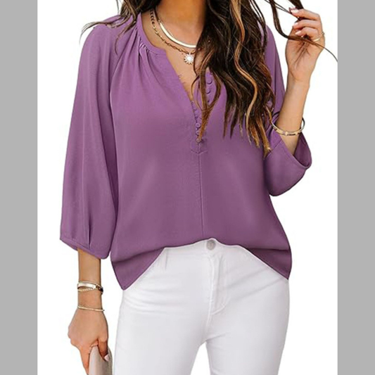 Notched 3/4 Sleeve Blouse