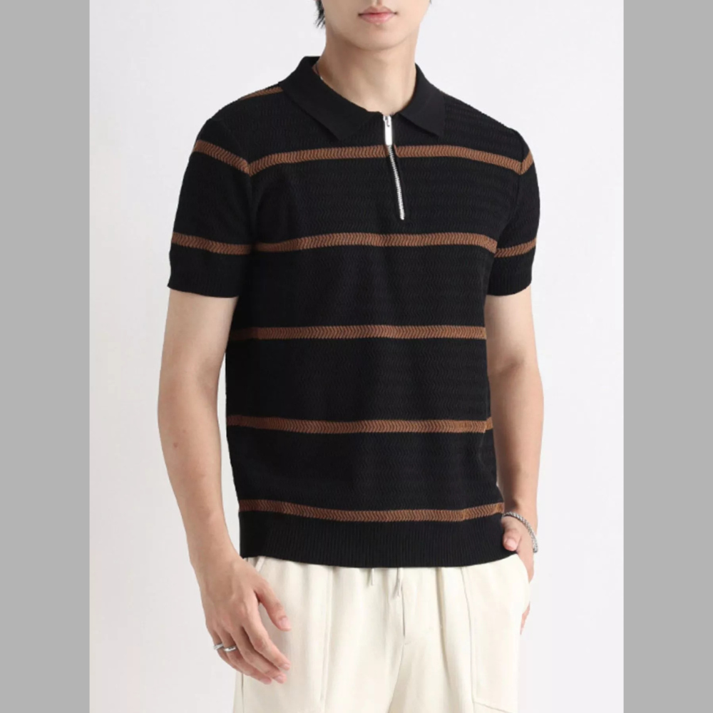 Men's Plus Size Striped Zip-Up Knit Casual Polo