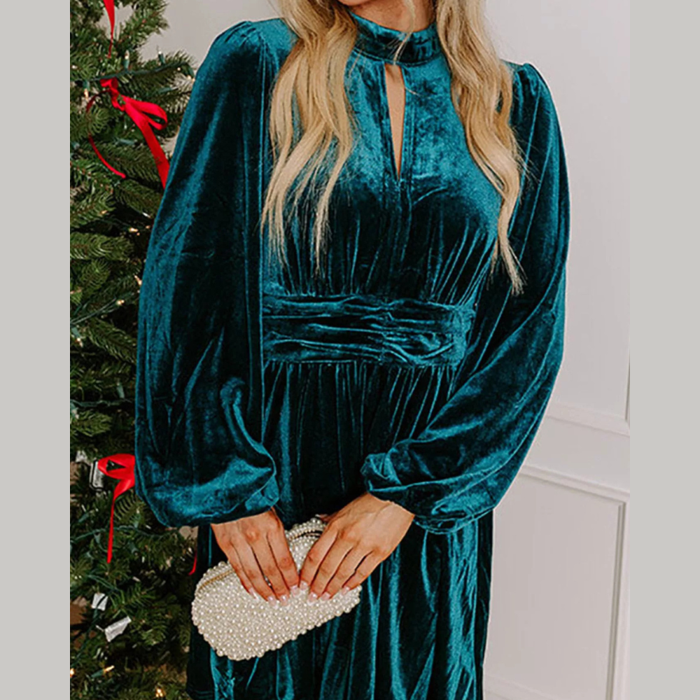 Velvet Mock Neck Balloon Sleeve Dress