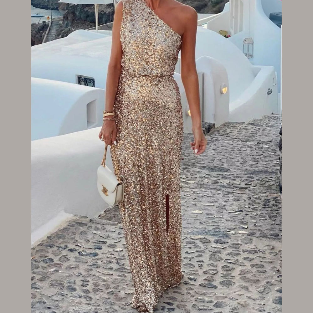 Sequin One-Shoulder Slit Maxi Dress