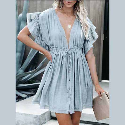 Drawstring Ruffled Half Sleeve Mini Dress