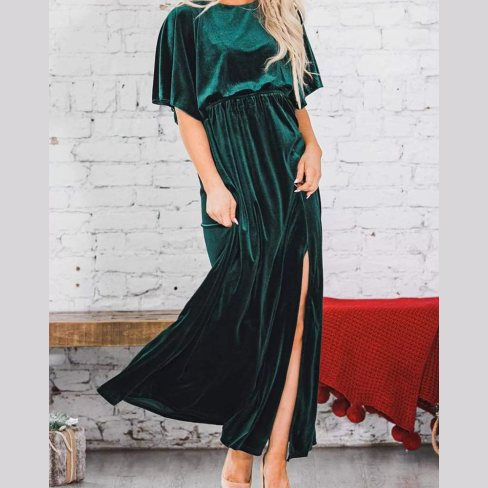 Slit Round Neck Flutter Sleeve Velvet Maxi Dress