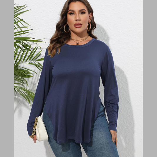 Plus Size Round Neck Long Sleeve Slit T-Shirt