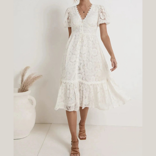 Lace V-Neck Short Sleeve Dress