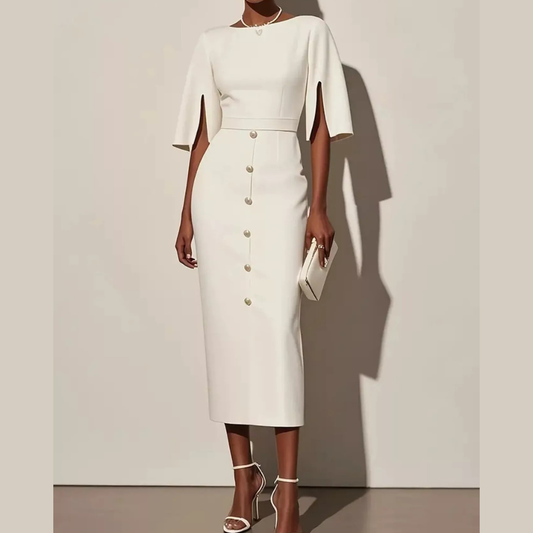 Slit Sleeve Midi Dress with Decorative Button