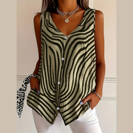 Sleeveless Zebra Print Button-Up Tank Top