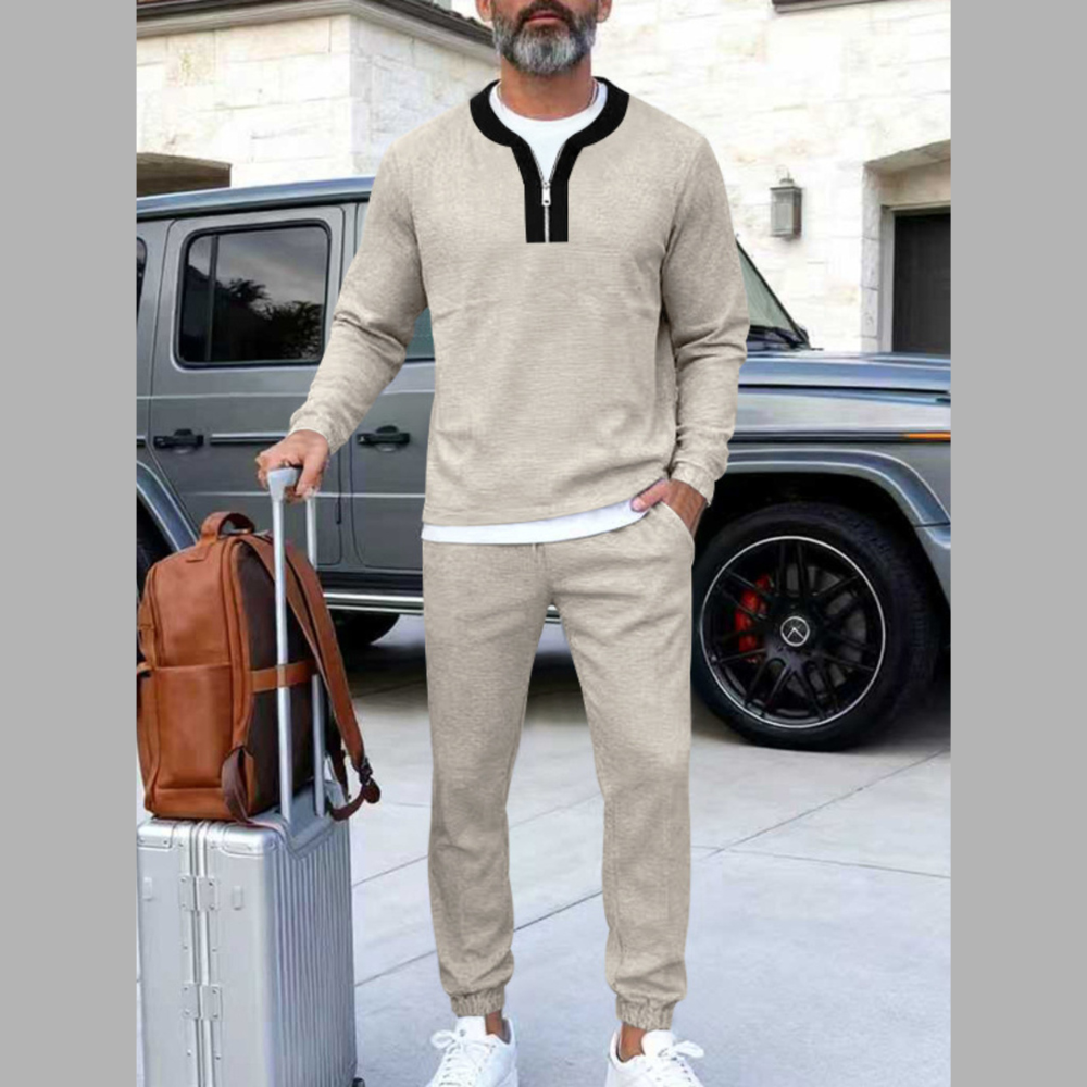 Men's Plus Size Casual Zipper Neck Long Sleeve Top and Pants Set