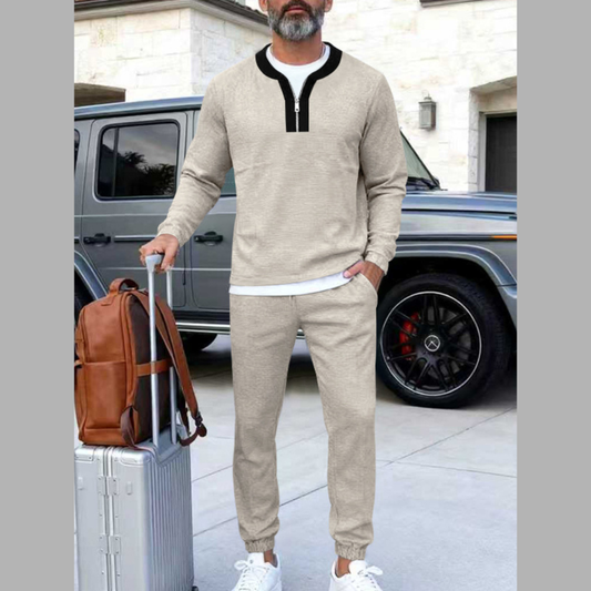 Men's Plus Size Casual Zipper Neck Long Sleeve Top and Pants Set