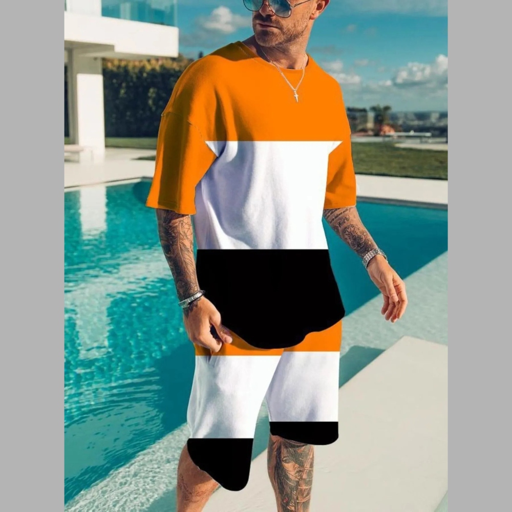 Men's Full Size Color Block Tee and Shorts Set Plus Size