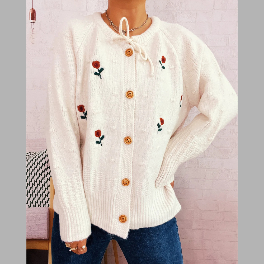 Rose Embroidered Button-Up Cardigan