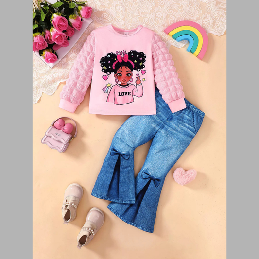 Children's Graphic Long Sleeve Top & Flare Jeans Set