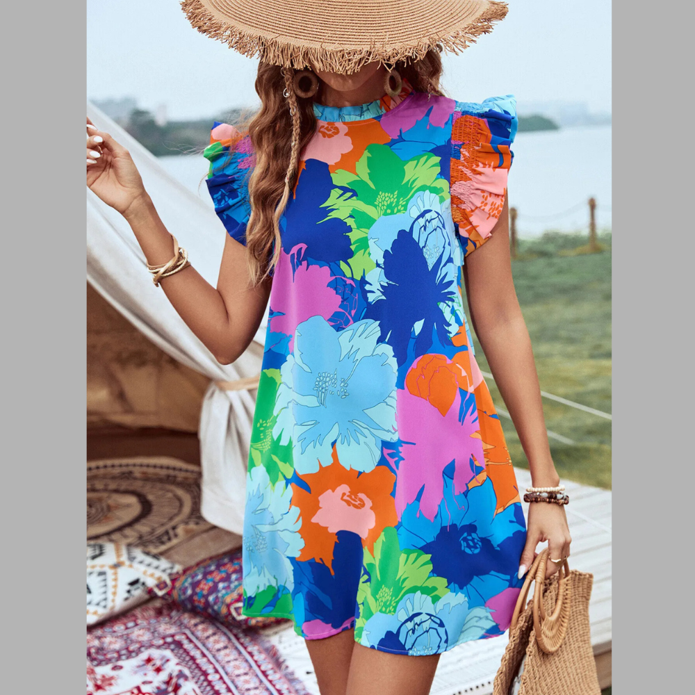 Classy Printed Ruffled Cap Sleeve Mini Dress