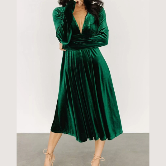 Velvet Deep V-Neck Long Sleeve Dress