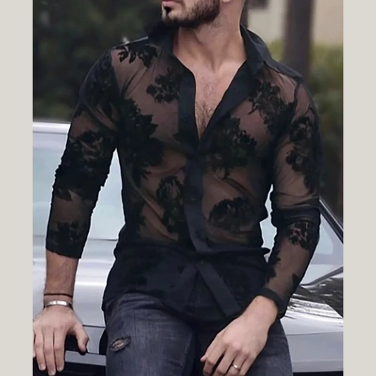 Men's Lace Button Down Long Sleeve Shirt