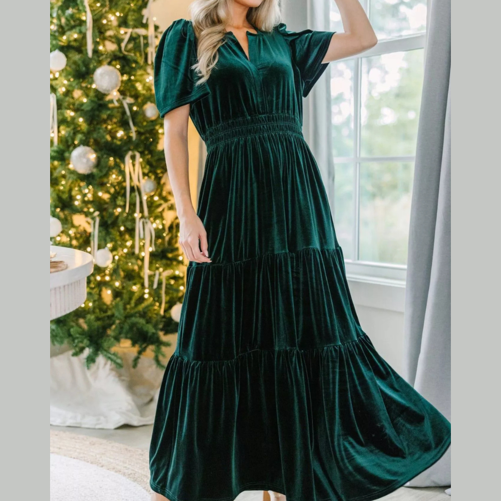 Velvet Tiered Short Sleeve Maxi Dress